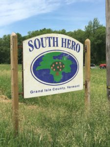 A sign in the grass that says south hero.