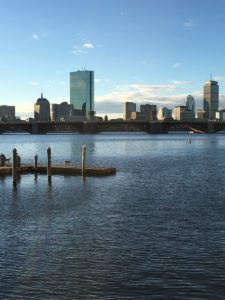 A body of water with buildings in the background.