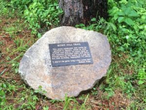 A stone with a plaque on it in the grass.