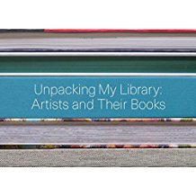 A stack of books with the words " unpacking my library, artists and their books ".