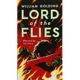 A book cover with flames and the title of lord of the flies.