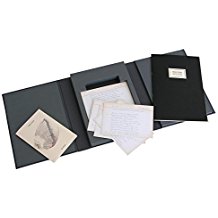 A black folder with some papers and a picture