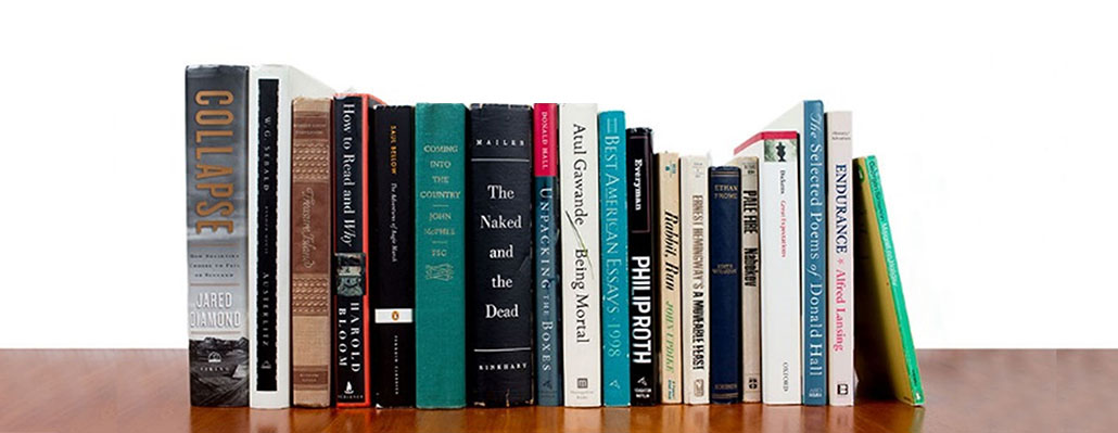 A row of books on a table with one book in the foreground.