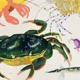 A painting of crabs and other sea creatures.