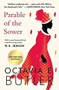 A book cover with an image of a woman in red.