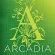 A green background with the letter a and name arcadia.