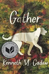 A book cover with a dog walking across the grass.